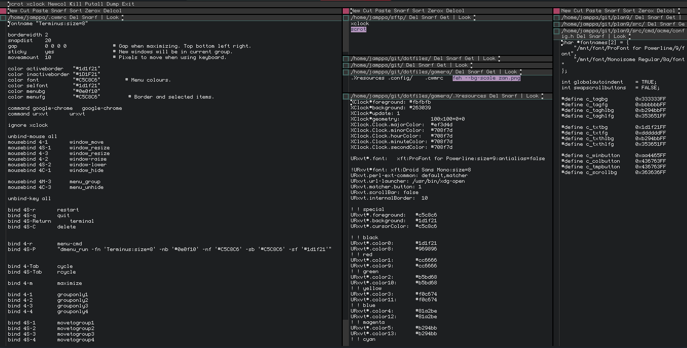A screenshot of acm2k with various text buffers open with code, taken from the acme2k repository.