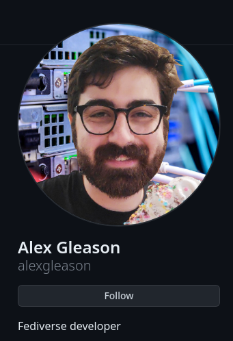A screenshot of Alex Gleason's GitHub profile, with his profile picture, real name, and username.